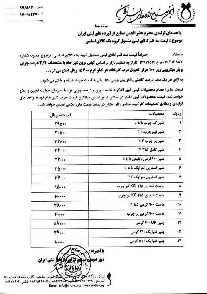 ابلاغ نرخ جدید افزایش قیمت لبنیات با امضا وزیر صمت و بدون امضا وزیر جهاد کشاورزی