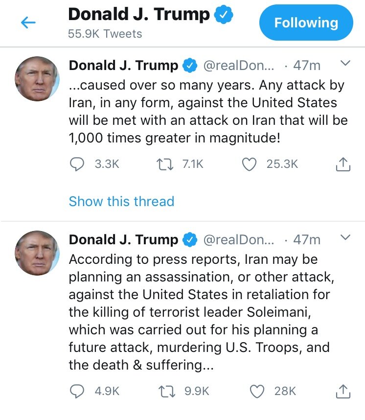 با استناد به یک گزارش جعلی؛ترامپ: هر حمله ایران را ۱۰۰۰ برابر پاسخ می‌دهیم!