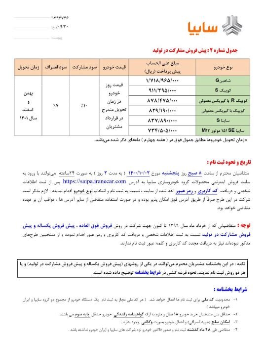 جزئیات ثبت نام ۲ طرح پیش‌فروش محصولات سایپا