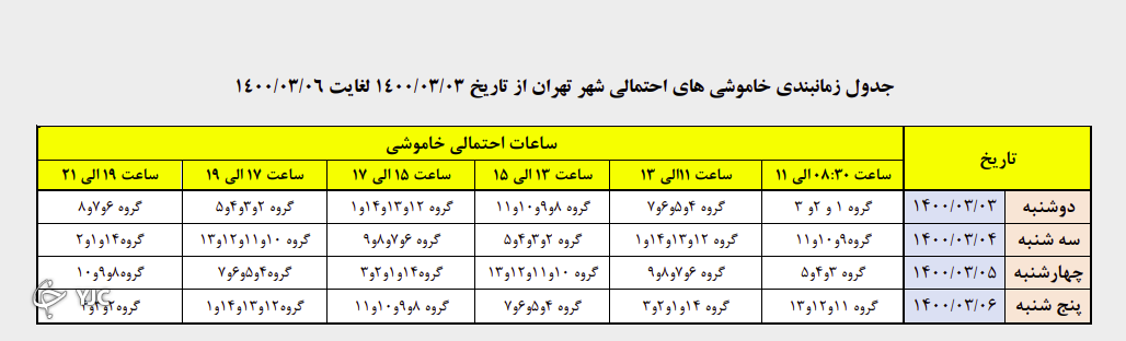 زمان قطع برق مناطق مختلف تهران 