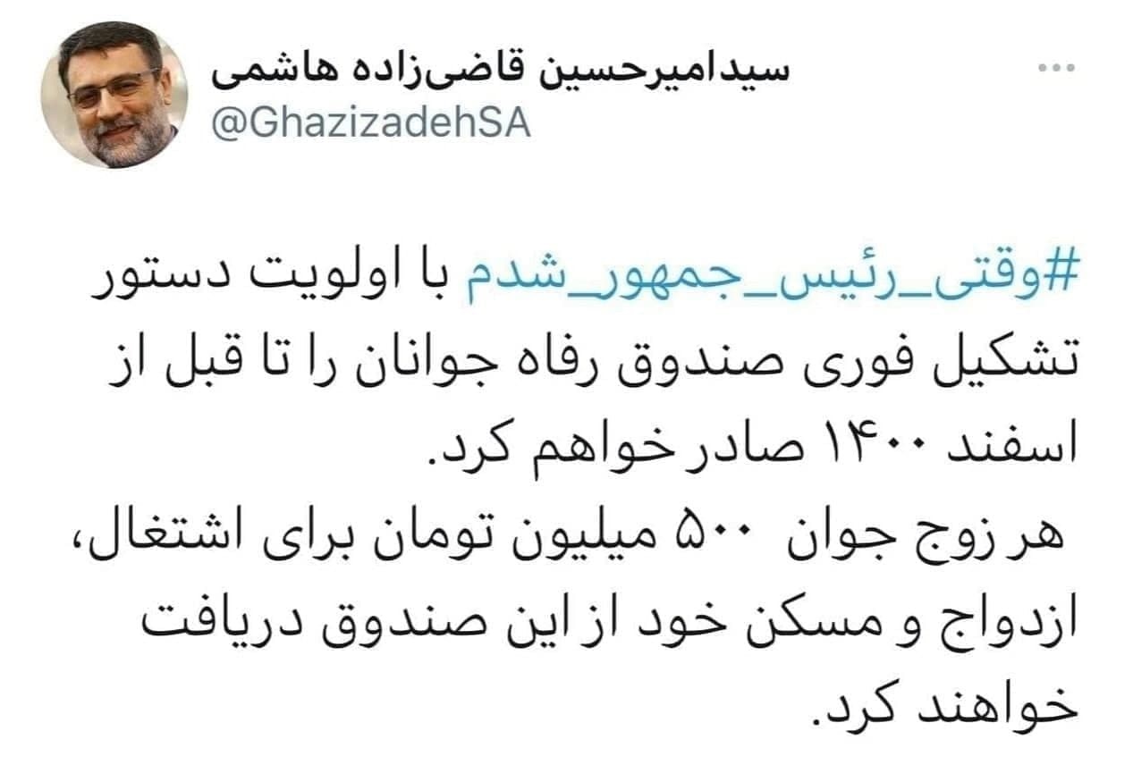 وعده انتخاباتی قاضی زاده هاشمی: به هر زوج جوان ۵۰۰ میلیون تومان می‌دهم