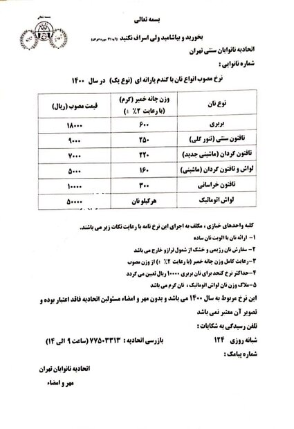 قیمت جدید انواع نان 