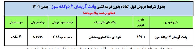 فروش وانت آریسان ۲ دوگانه‌سوز بدون قرعه‌کشی