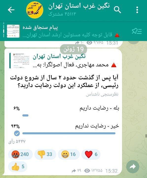 نظرسنجی تلگرامی؛ نارضایتی ۹۴ درصدی از دولت رئیسی نظرسنجی تلگرامی؛ نارضایتی ۹۴ درصدی از دولت رئیسی