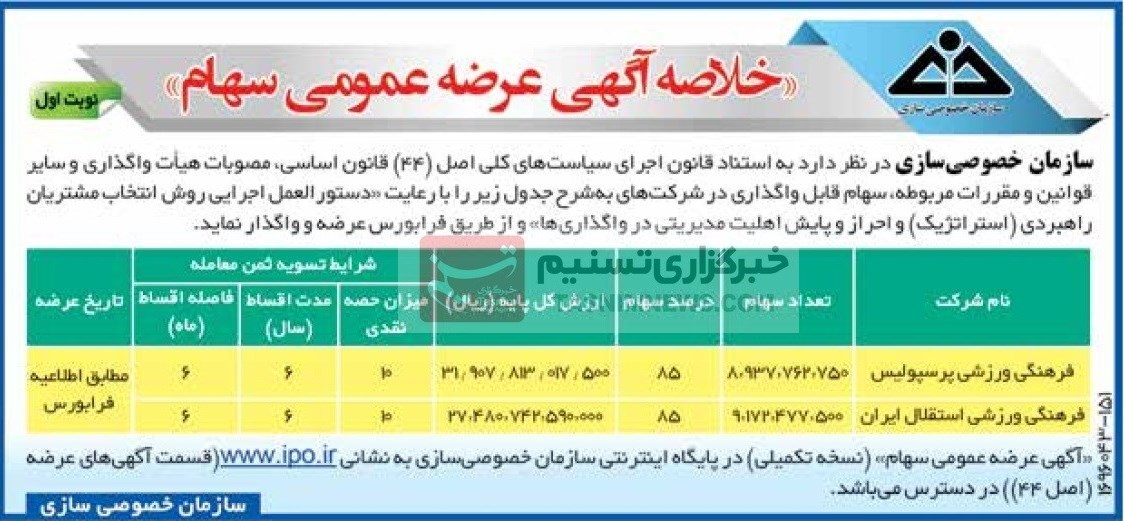 آگهی مزایده پرسپولیس و استقلال منتشر شد