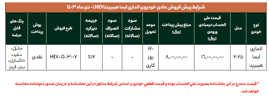 شرایط پیش فروش عادی خودروی لاماری ایما هیبرید
