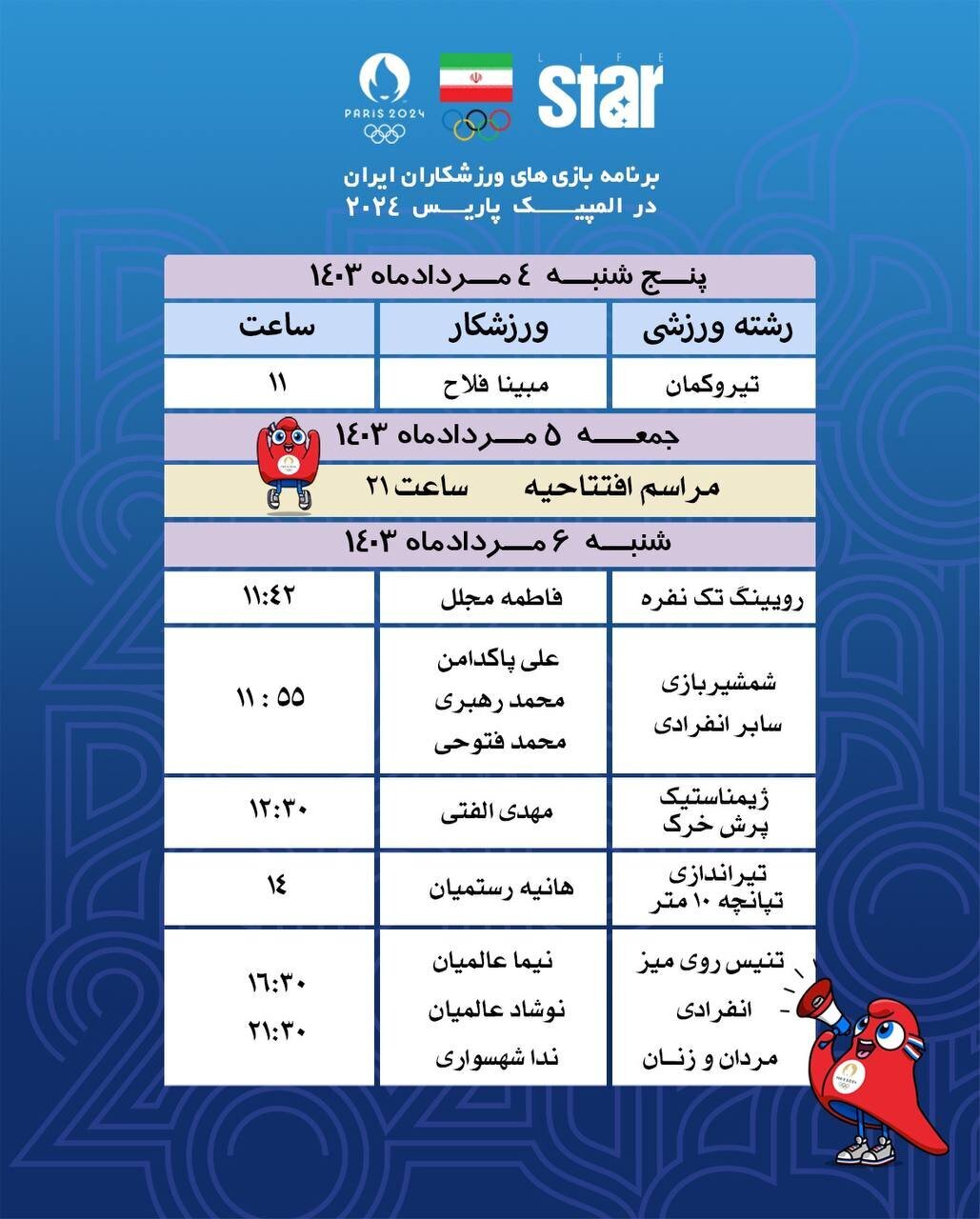 برنامه کامل ورزشکاران ایران در المپیک/ امروز مبینا فلاح