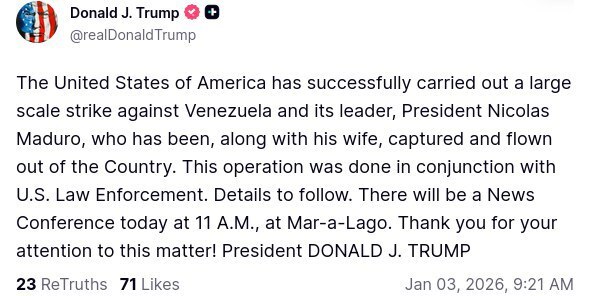 فوری/ ترامپ: مادورو و همسرش بازداشت شدهاند فوری/ ترامپ: مادورو و همسرش بازداشت شدهاند