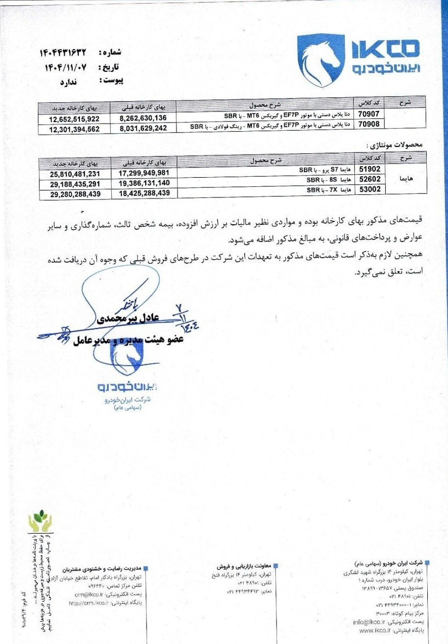 قیمت جدید محصولات ایران خودرو +جدول