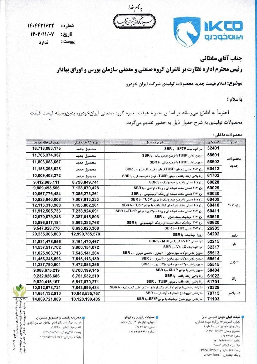 قیمت جدید محصولات ایران خودرو +جدول