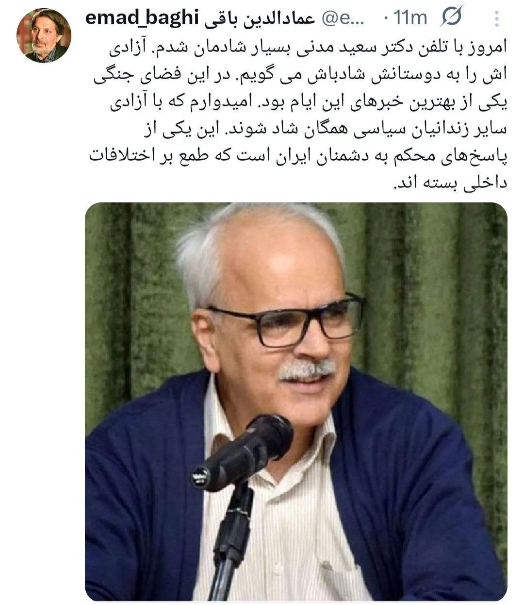 عمادالدین باقی از آزادی «سعید مدنی» خبر داد